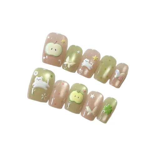 T Z Apple Cat Eye False Nail Short Green Gradient Coquette