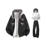 Чёрное пальто + белый серый фотиния свитшот + чёрные штаны