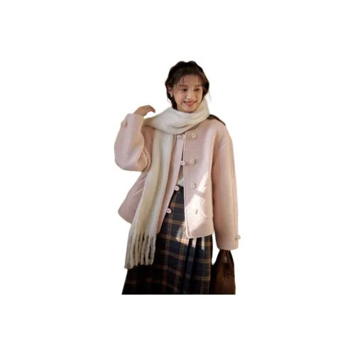 LANGQING Розовый Шерстяной с Wang Qing Бренд Наклеенный Женское Пальто