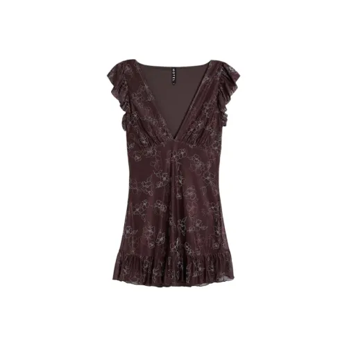 Motel Rocks Motarika Мини Платье Doodle Цветочный дизайн Flock Коричневый Короткий рукав Платье Женское