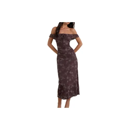 Motel Rocks Catrin Платье-миди Doodle Цветочный дизайн Flock Коричневый Короткий рукав Платье Женское