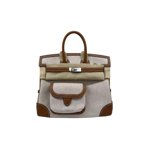 HERMES Birkin Холст и Кожа Сумка Женская Золотисто-Коричневая