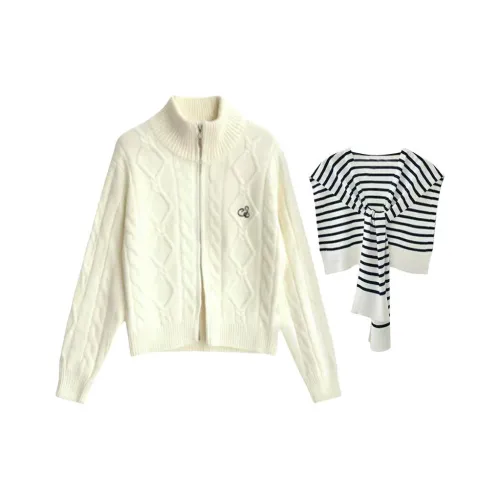 AINUOERMY Экрю Топ + Полосатая Шаль Женская Трикотаж