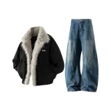 Чёрная куртка + винтажные синие джинсы