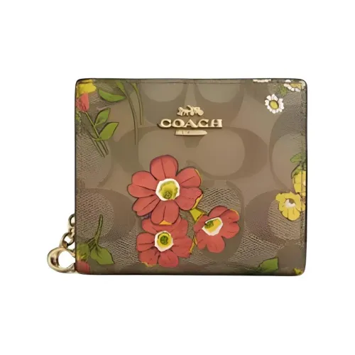 COACH Snap Wallet ICONIC Холст с покрытием и гладкая кожа Кошелек Мини Женские Золотой Хаки Многоцветный