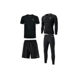 [Флисовая подкладка, комплект из 4 предметов] Флисовая подкладка, черная, с длинным рукавом + флисовая подкладка, черные штаны + рубашка с коротким рукавом + шорты