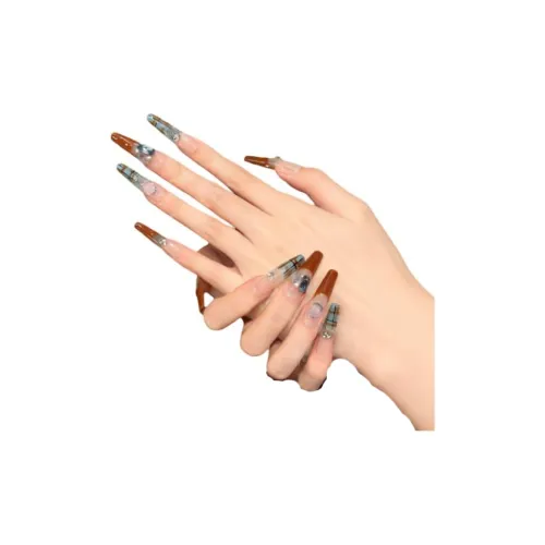 Yun Yue Joe Dark Chocolate Denim False Nail MID STEP Овал Длинный Коричневый Градиентный Coquette