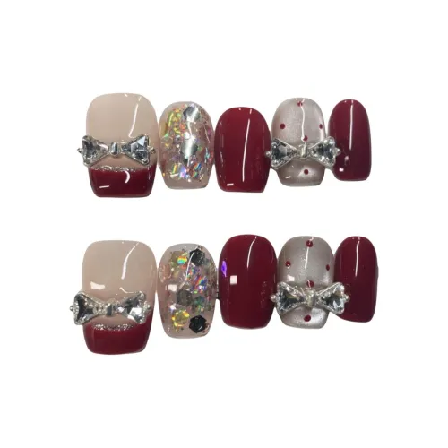 T Z Tipsy Ancora Burgundy Cherries Printer Ribbons Diamond Cat Eye False Nail Cropped Square Red Gradient Glitter