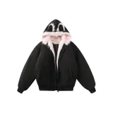 Черный Розовый меховой воротник [Высококачественный, замша меховой воротник, утолщенный пуховик]