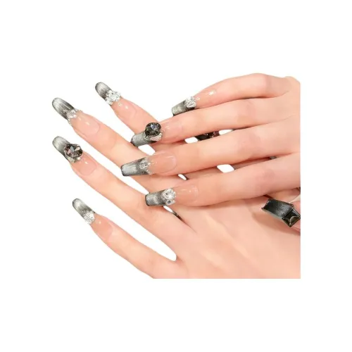 Yun Yue Joe Черный Charnel Французский Ромб STACK Улыбка Кошачий глаз False Nail Длинный Черный градиент Flashing 30MM