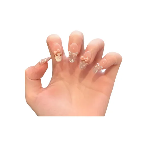 Sparkling Bear False Nail Styles Бант Nail Art Ручной False Nails Овал Розовый Градиентный Милый