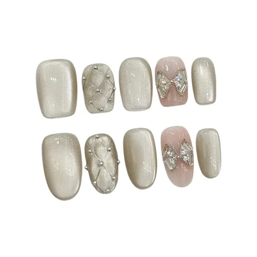 XIAMEIYU Lilac Ромб Узор Циркон False Nail Короткий LADDER Овал Silver Nude Кошачий глаз 15mm