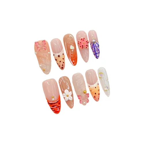 Yun Yue Joe Тропический стиль Отпуск Карнированный Французский False Nail Миндаль Дофаминовая одежда Градиентный Милый