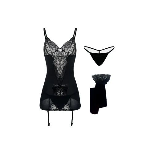 LOUGHNEA Полночный черный Бабочка {Включает платье-камзол + трусы + чулки 「Можно носить без стирки」} Женское боди