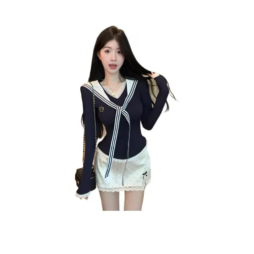 SNZX Комплекты одежды Темно-синий топ с шалью + юбка в горошек женский униформа