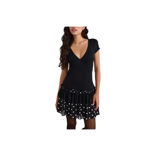 Motel Rocks Navya Wrap Мини Платье Polka Черный и Белый укороченный рукав Платье Женское