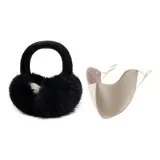 Термический двухкомпонентный комплект [Черные наушники с меховыми капюшонами + Бежевая теплая маска]