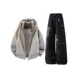 Белое серое пальто + черные штаны