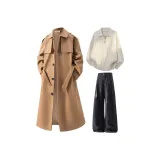 Camel-colored Coat + Beige Yellow Sweater + Blue Pants  
Верблюжий цвет пальто + бежевый желтый свитер + синие штаны