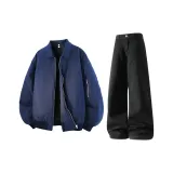 Темно-синий синий хлопковый пуховик + черные джинсы