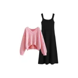 Розовый свитер + черное платье-камзол