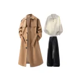 Верблюжий цвет пальто + бежевый желтый свитер + черные штаны