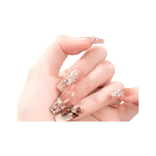 T Z CHANEL Inspired Премиум Feel Роскошь Бант Жемчужный False Nail MID Длина Кофе Градиентный Французский