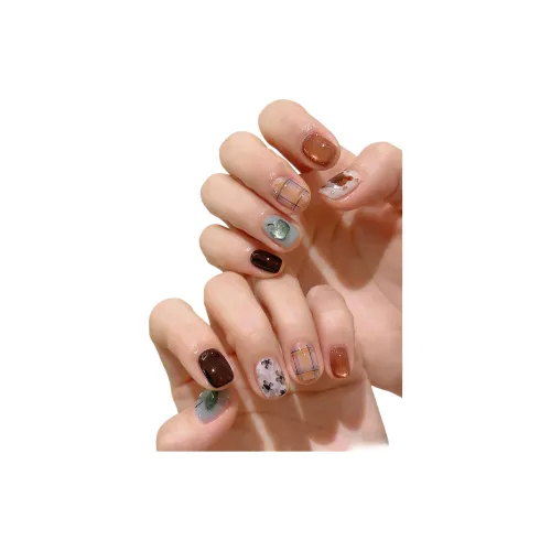 T Z Милый Минималистский стиль Стиль Инстаграм False Nail Укороченный Круглый Короткий Сине-коричневая клетка Jump Цвет Мультяшный