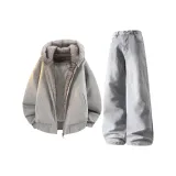 Белый, серый хлопковый пуховик + дымчато-серые джинсы