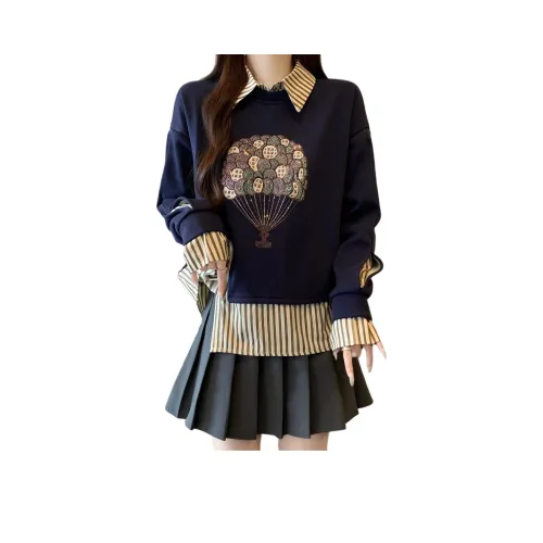 Mu Xiao Xin Темно-синий Синий Флисовая подкладка Женские Свитшоты