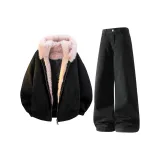 Black Pink Cotton Down Jacket + Black Jeans  
Черный Розовый Пуховик + Черные Джинсы