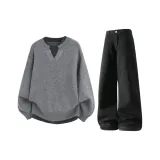 Светло-серый топ + черные штаны