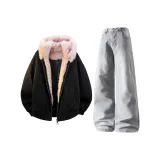 Black Pink Cotton Down Jacket + Smoke Gray Jeans  
Черный Розовый Хлопковый Пуховик + Дымчатый Серый Джинсы