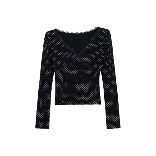 UNSPECIFIED Стандартный Гороховый узор Длинный рукав T Женские