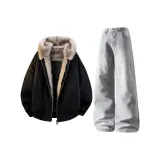 Чёрный, жёлтый хлопковый пуховик + дымчато-серые джинсы