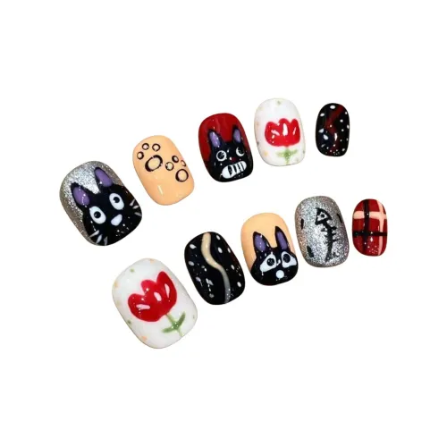 Rui Jin Очаровательный Ручной Рисунок Котенок Мультяшный False Nail Короткий Многоцветный Смужка Кошачий глаз