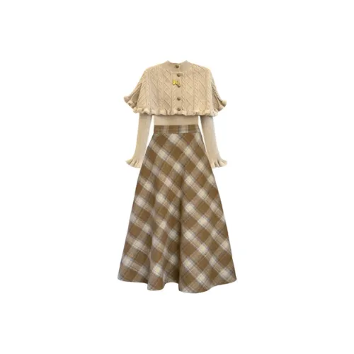 DYYPC Хаки Топ + Хаки Шаль + Клетчатая Юбка Женские Комплекты с Юбкой