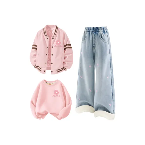 Disney [Thickened And Fleece-Lined Three-Piece Set] DiF Small Flower K Lotus Pink + Solid Color Denim Light Blue + DiF Small Flower K Pink K Kids Casual Sportswear