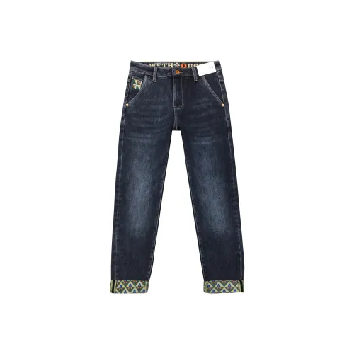 GUSHILANG Синий Серый Зимний Тонкий Флис Брюки Мужские Джинсы