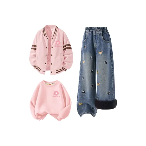 Disney [Thickened And Fleece-Lined THREE Piece Set] DiF Small Flower K Lotus Pink + Solid Color Denim Blue + DiF Small Flower K Pink K Kids Casual Sportswear