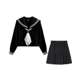 Черный комплект из трех предметов: длинный рукав + черная короткая юбка 39 см + белый шарф