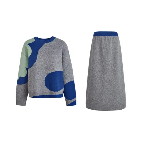 KUOSE Серый Свитер 0038 + Серая Юбка 0008 Женские Повседневные Костюмы