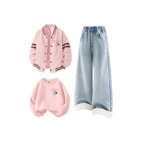 Disney [Thickened And Fleece-Lined Three-Piece Set] DI Lift Eye K Lotus Pink + Solid Color Denim Light Blue + DI Lift Eye K Pink KIDS Casual Sportswear