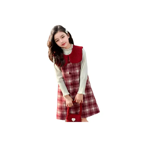 ULOVAZN Красный Клетчатый Платье + Свитер Двухкомпонентный Комплект KIDS Юбка-Куртка