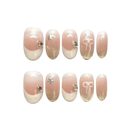 YUESHIQI Повседневный Ручной Мягкий Вдохновленный CHANEL Кошачий глаз Бант False Nail Короткий LADDER Овал Крем Градиентный Французский