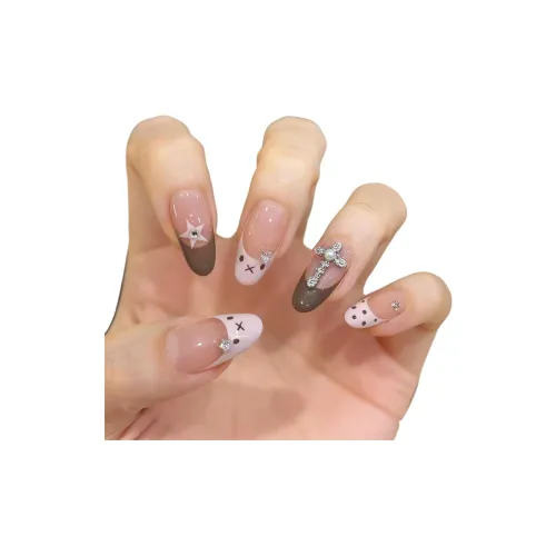 OUYUJI Премиум Сладкий Прохладный Розовый Французский MIFFY Croissant Градиент Handcrafted False Nail Tips Миндально-коричневый Jump Цвет