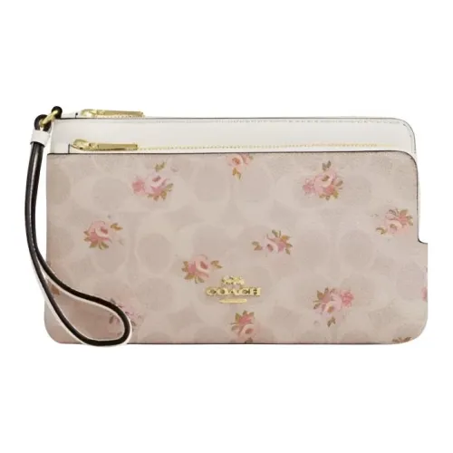 COACH Double Zip Wallet Цвет холста с зернистой кожей личи кожа кошелек маленький женский золотой и песочный