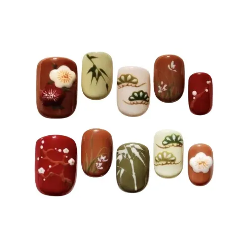 T Z Цветущая слива Орхидея Бамбук And HAND DRAWN Счастливый красный False Nail Укороченный Квадратный и Круглый Красный