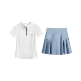 Белый комплект из двух предметов с короткими рукавами (Юбка туманно-синего цвета)