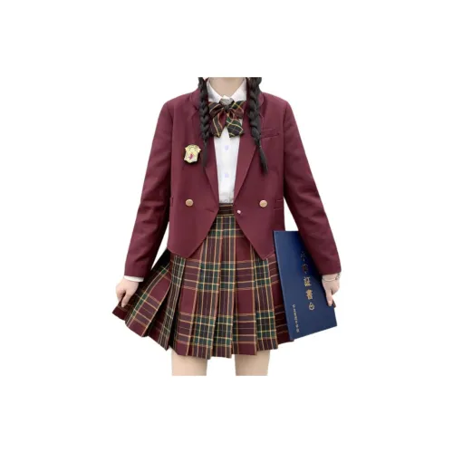 FEIFEIKA Клетчатая юбка + Галстуки-бабочки + Длинный рукав Женская блуза + Бордовый укороченный деловой костюм + Большой аксессуар Женская униформа